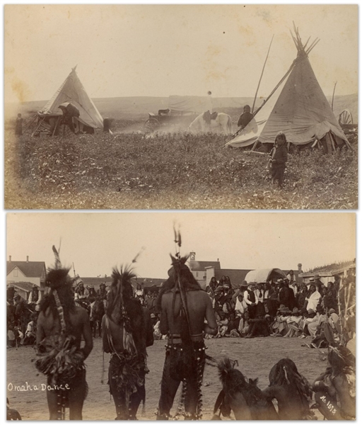 Two Original Unpublished Photographs From 1891, Shortly After the Wounded Knee Massacre -- One Photograph Depicts an ''Omaha Dance'' & the Other a Tipi Encampment